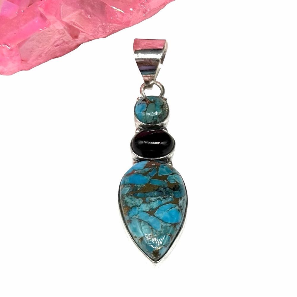 Kingman Copper Turquoise Black Onyx Necklace Pendant Solid 925 Sterling Silver